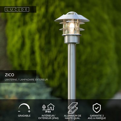 Lucide ZICO - Lanterne / lampadaire exterieur - Ø 21,8 cm - 1xE27 - IP44 - Chrome Dépoli